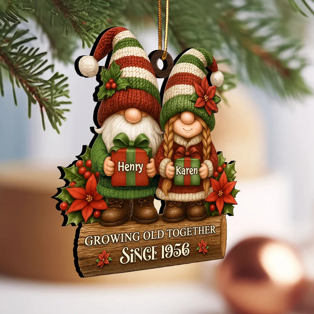 Wooden Ornament with Christmas Gnome Couple Holding Gifts, Clear Print, Perfect Holiday Gift for Couples - Image 2