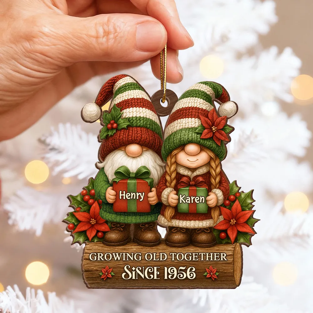 Wooden Ornament with Christmas Gnome Couple Holding Gifts, Clear Print, Perfect Holiday Gift for Couples - Image 5