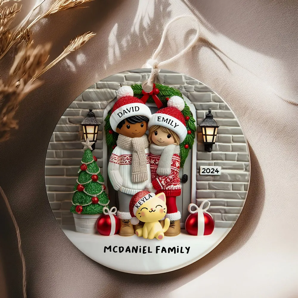 Ceramic Ornament Couple with Dogs at Festive Doorway, cozy tree-ready décor,perfect Christmas gift for pet-loving families - Image 3