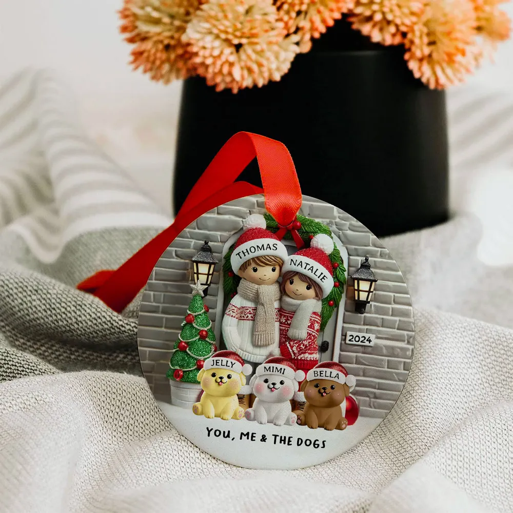 Ceramic Ornament Couple with Dogs at Festive Doorway, cozy tree-ready décor,perfect Christmas gift for pet-loving families - Image 5