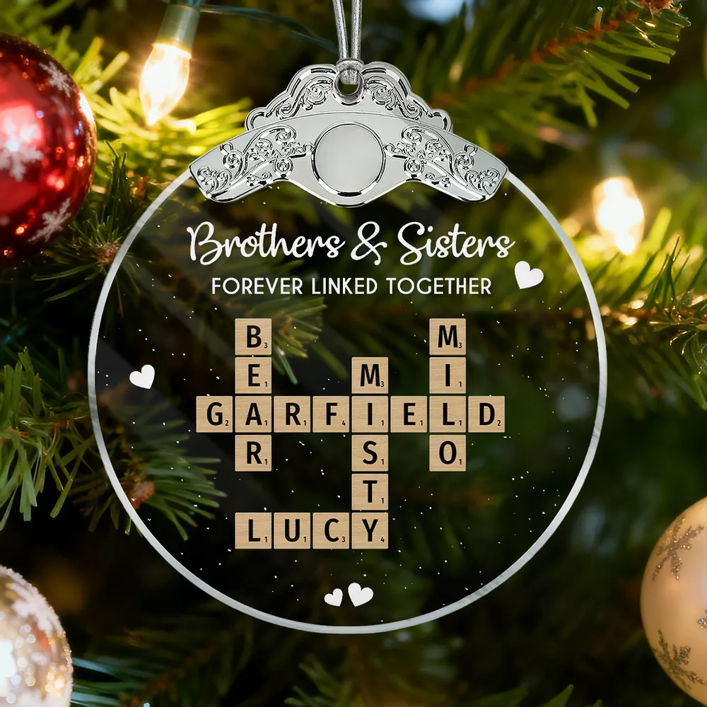 Silver Capped Glass Ornament with siblings crossword tiles, cozy tree display, warm family keepsake, gift-ready decoration for Christmas gatherings