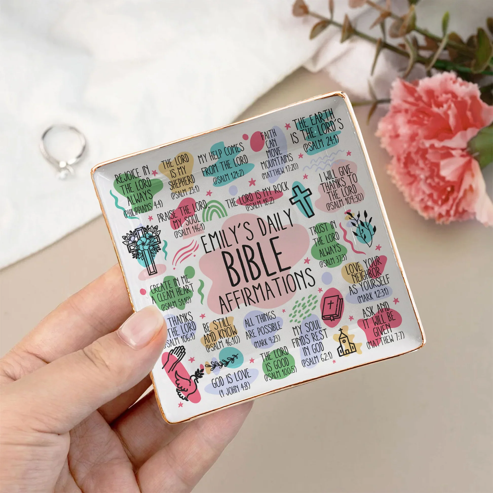 Pastel Christian Jewelry Dish with gold rim and faith quotes, perfect gift-ready tray for women, bedside or vanity use. - Image 3