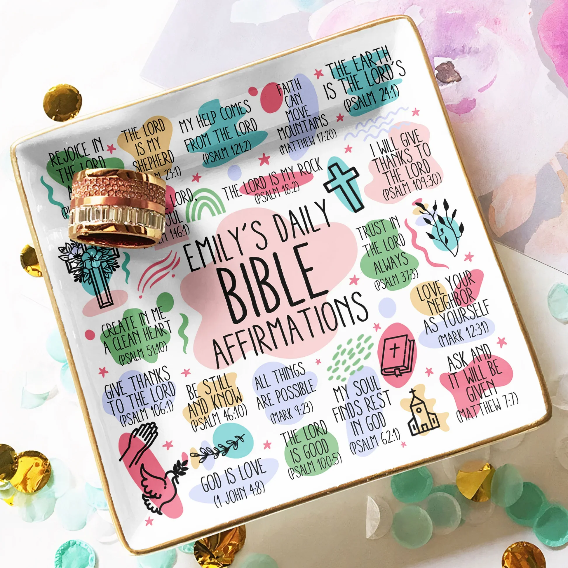 Pastel Christian Jewelry Dish with gold rim and faith quotes, perfect gift-ready tray for women, bedside or vanity use. - Image 5