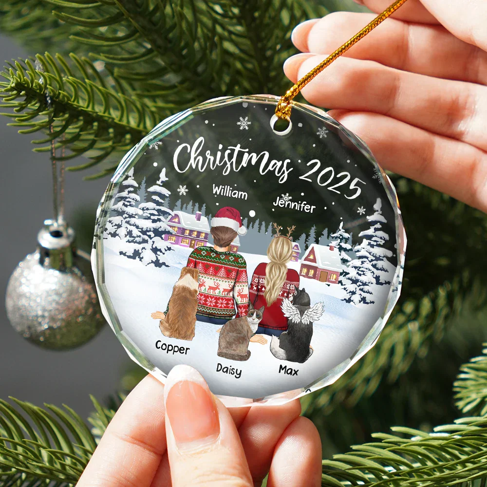 Crystal Ornament with cozy snowy village scene, customizable couple & pets design, perfect Christmas gift - Image 2