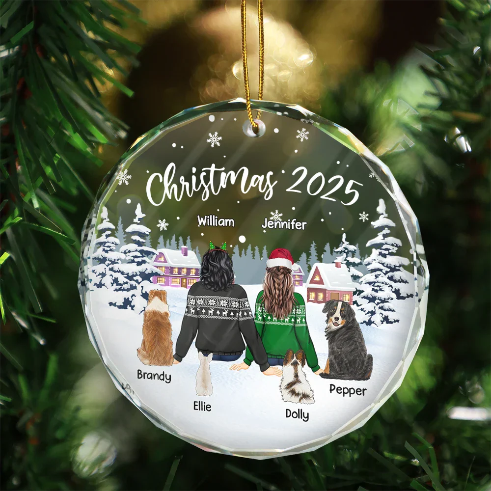 Crystal Ornament with cozy snowy village scene, customizable couple & pets design, perfect Christmas gift - Image 3