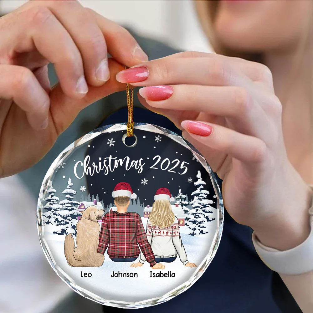 Crystal Ornament with cozy snowy village scene, customizable couple & pets design, perfect Christmas gift - Image 4