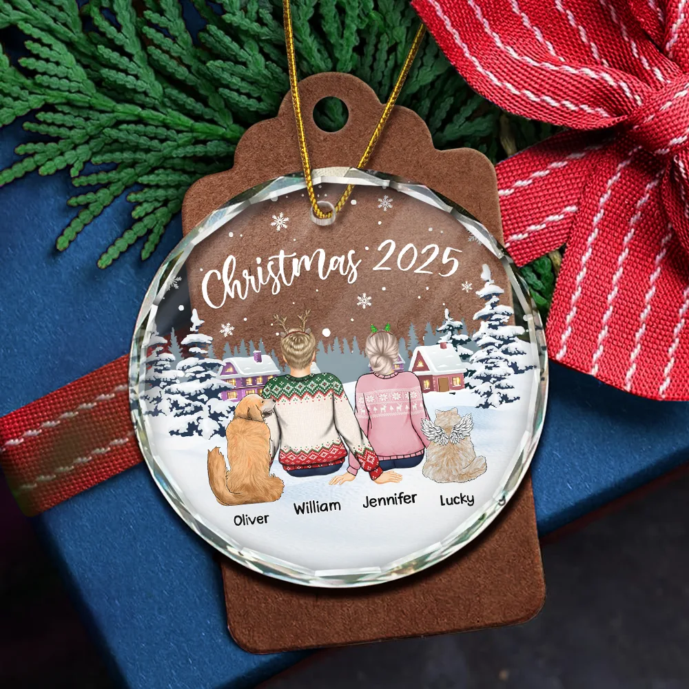 Crystal Ornament with cozy snowy village scene, customizable couple & pets design, perfect Christmas gift - Image 5