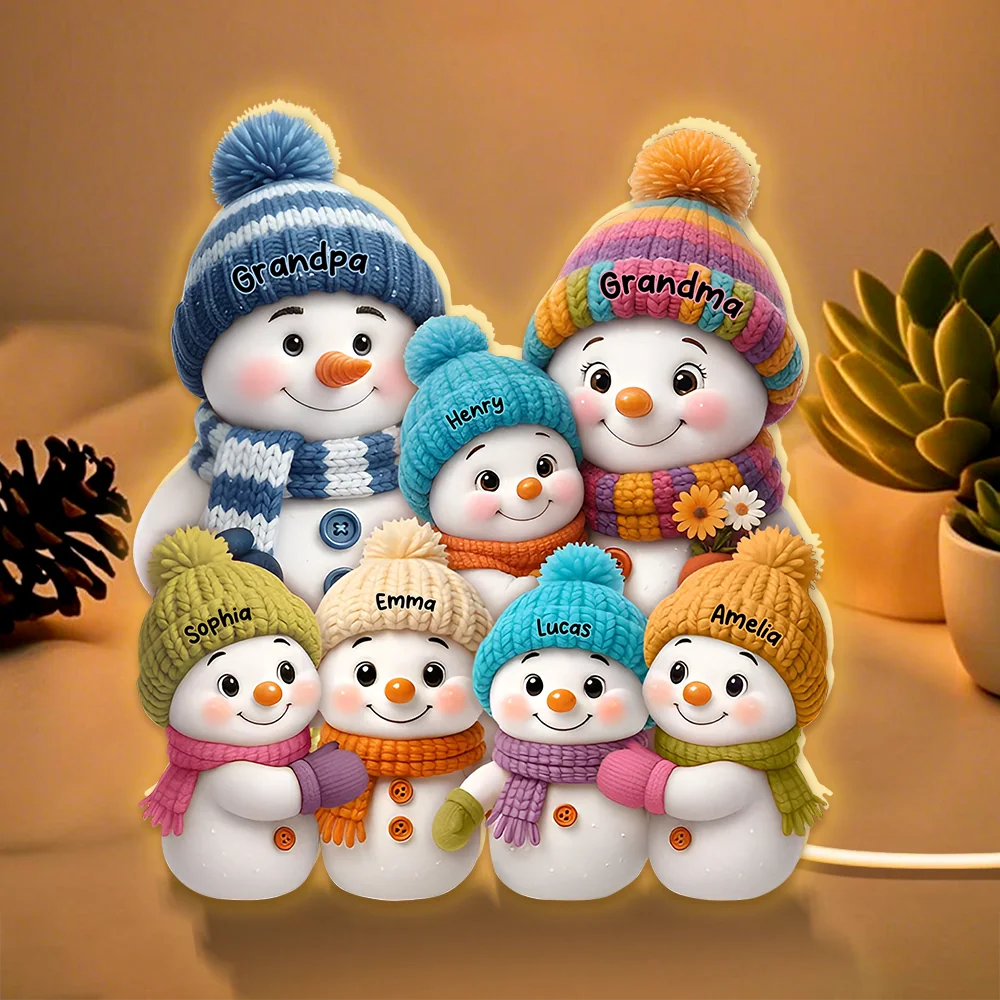Snowman Family Acrylic Light Box with knitted hats, cozy holiday scene for grandparents, warm winter décor, a heartfelt Christmas gift - Image 2