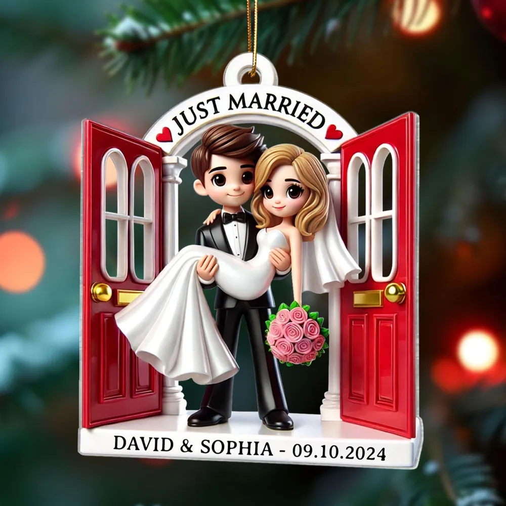 Personalized Acrylic Just Married Couple Ornament | Red Doorway Bride & Groom Carry | Customizable Date & Names