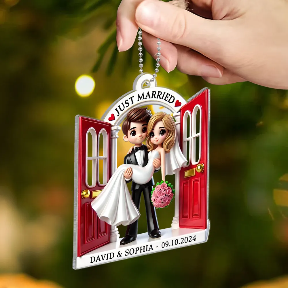 Personalized Acrylic Just Married Couple Ornament | Red Doorway Bride & Groom Carry | Customizable Date & Names - Image 2