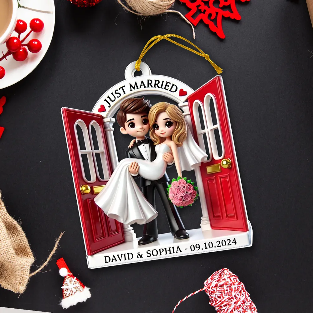 Personalized Acrylic Just Married Couple Ornament | Red Doorway Bride & Groom Carry | Customizable Date & Names - Image 3