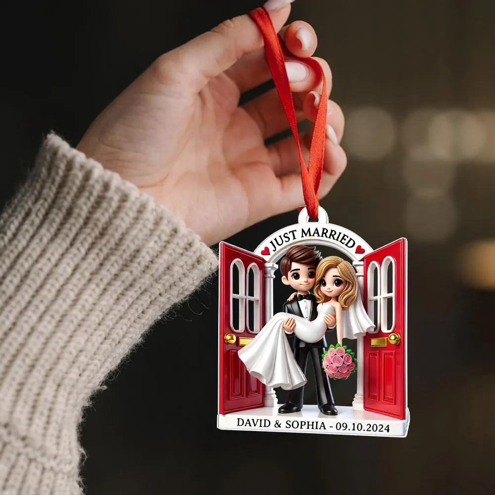 Personalized Acrylic Just Married Couple Ornament | Red Doorway Bride & Groom Carry | Customizable Date & Names - Image 4