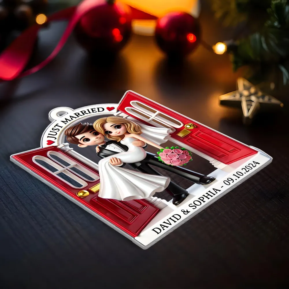 Personalized Acrylic Just Married Couple Ornament | Red Doorway Bride & Groom Carry | Customizable Date & Names - Image 8