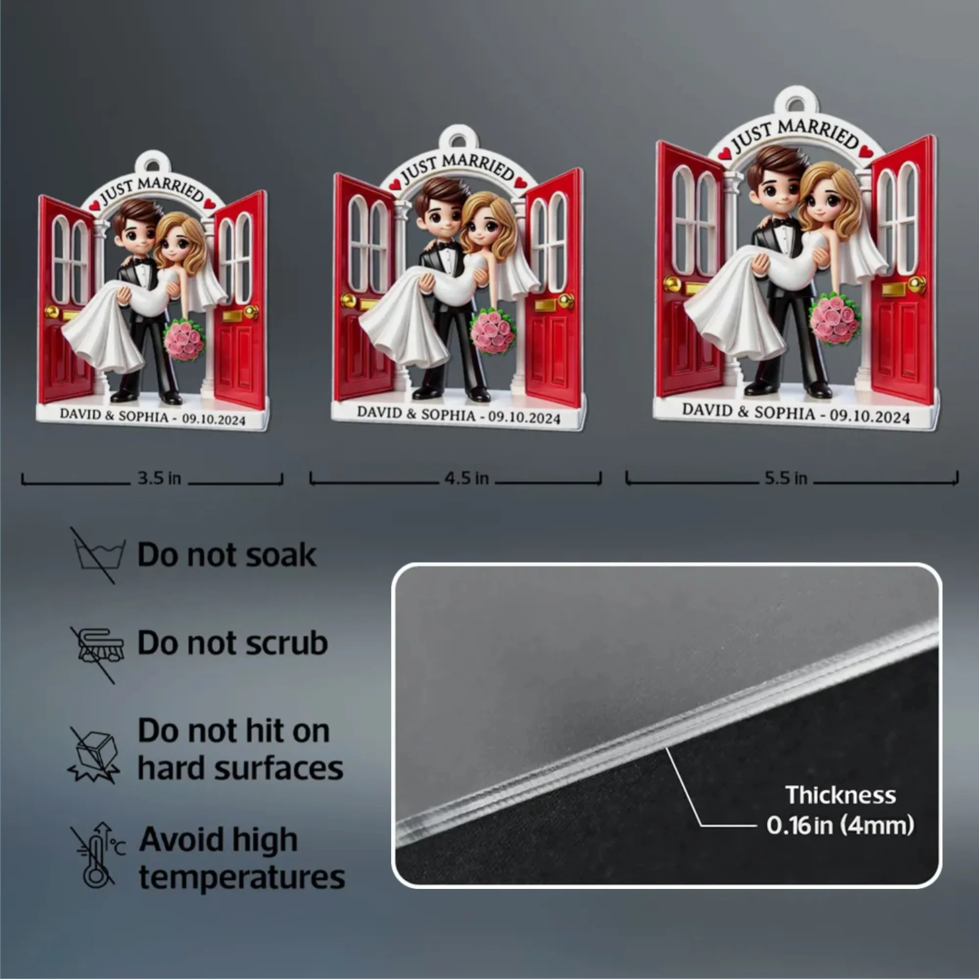 Personalized Acrylic Just Married Couple Ornament | Red Doorway Bride & Groom Carry | Customizable Date & Names - Image 9