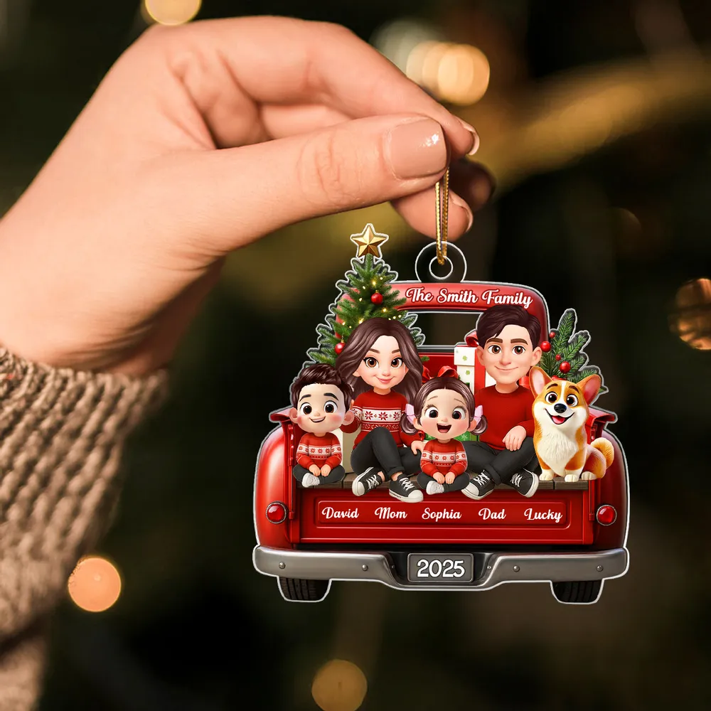 Acrylic Ornament — red truck Christmas family with tree & pup, cheerful décor for mantel or tree, sentimental keepsake, perfect gift - Image 3