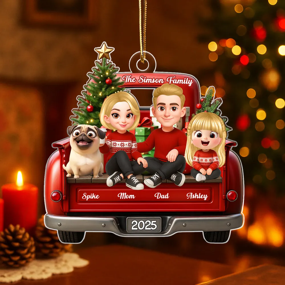 Acrylic Ornament — red truck Christmas family with tree & pup, cheerful décor for mantel or tree, sentimental keepsake, perfect gift - Image 5