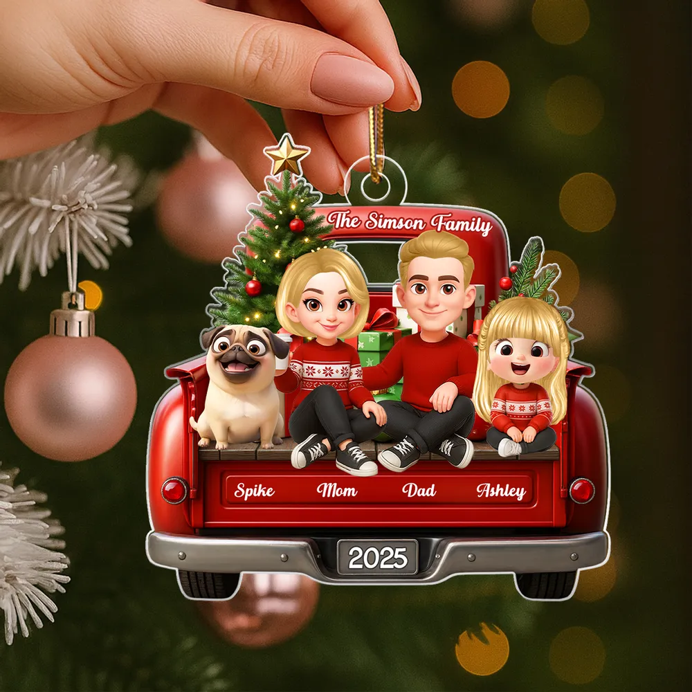 Acrylic Ornament — red truck Christmas family with tree & pup, cheerful décor for mantel or tree, sentimental keepsake, perfect gift - Image 6