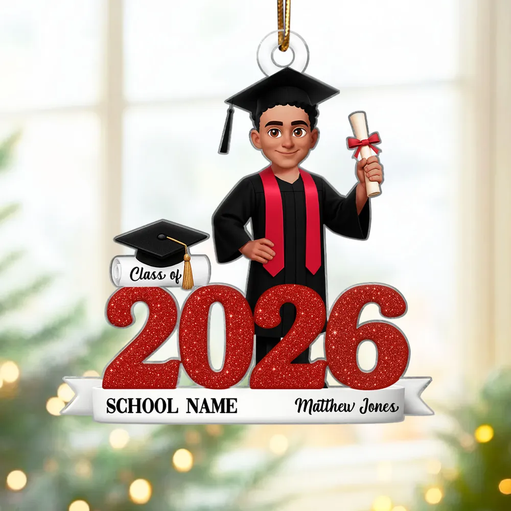 Graduation Acrylic Ornament, red glitter design with cap & diploma, celebrate achievement, perfect graduation gift keepsake - Image 4
