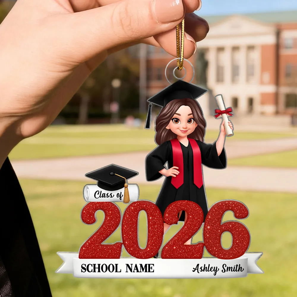 Graduation Acrylic Ornament, red glitter design with cap & diploma, celebrate achievement, perfect graduation gift keepsake - Image 7