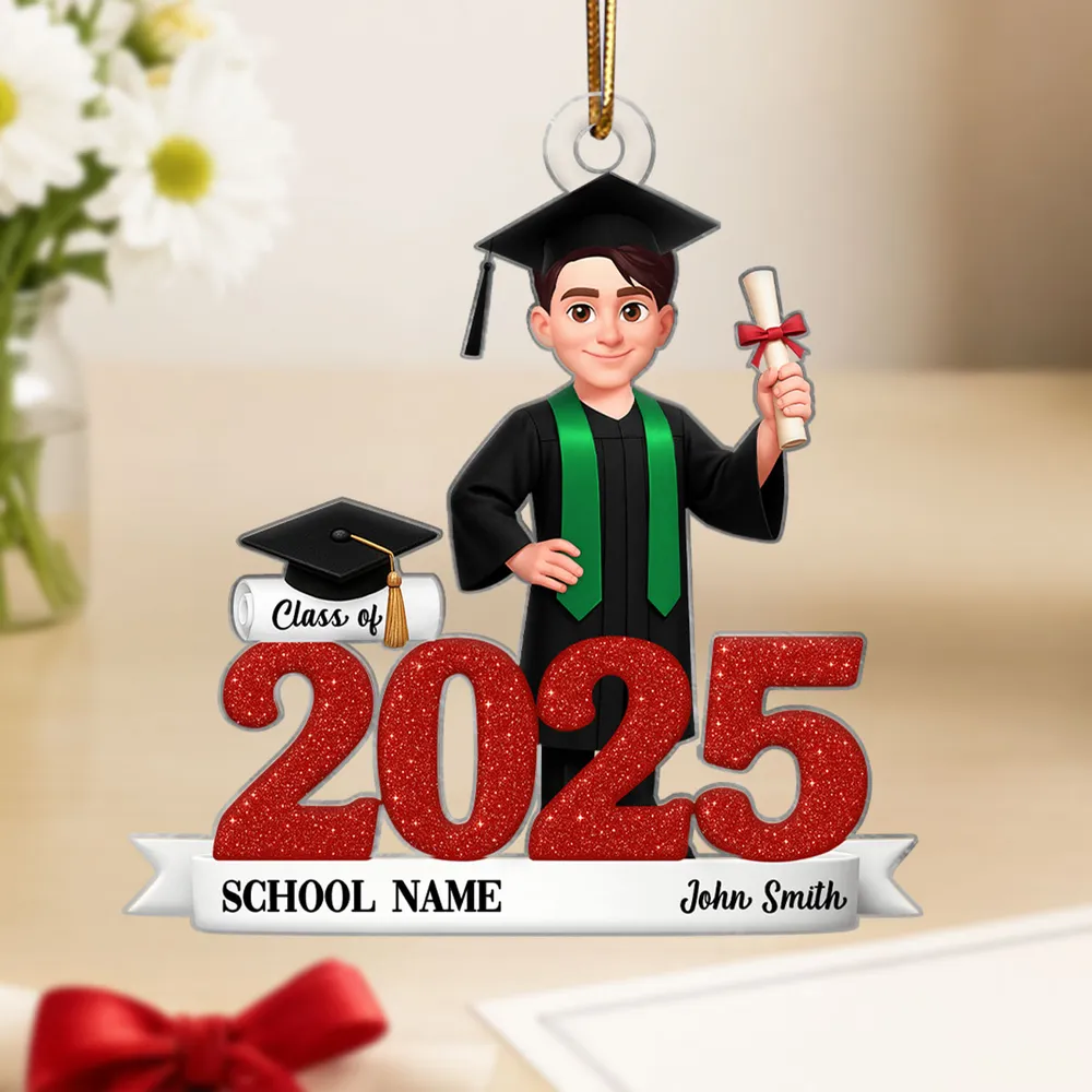 Graduation Acrylic Ornament, red glitter design with cap & diploma, celebrate achievement, perfect graduation gift keepsake - Image 8