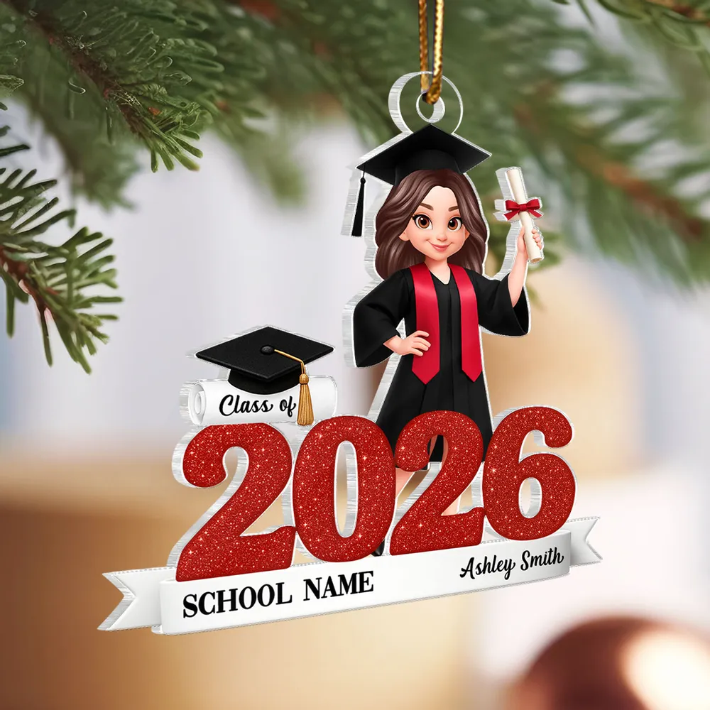 Graduation Acrylic Ornament, red glitter design with cap & diploma, celebrate achievement, perfect graduation gift keepsake - Image 9