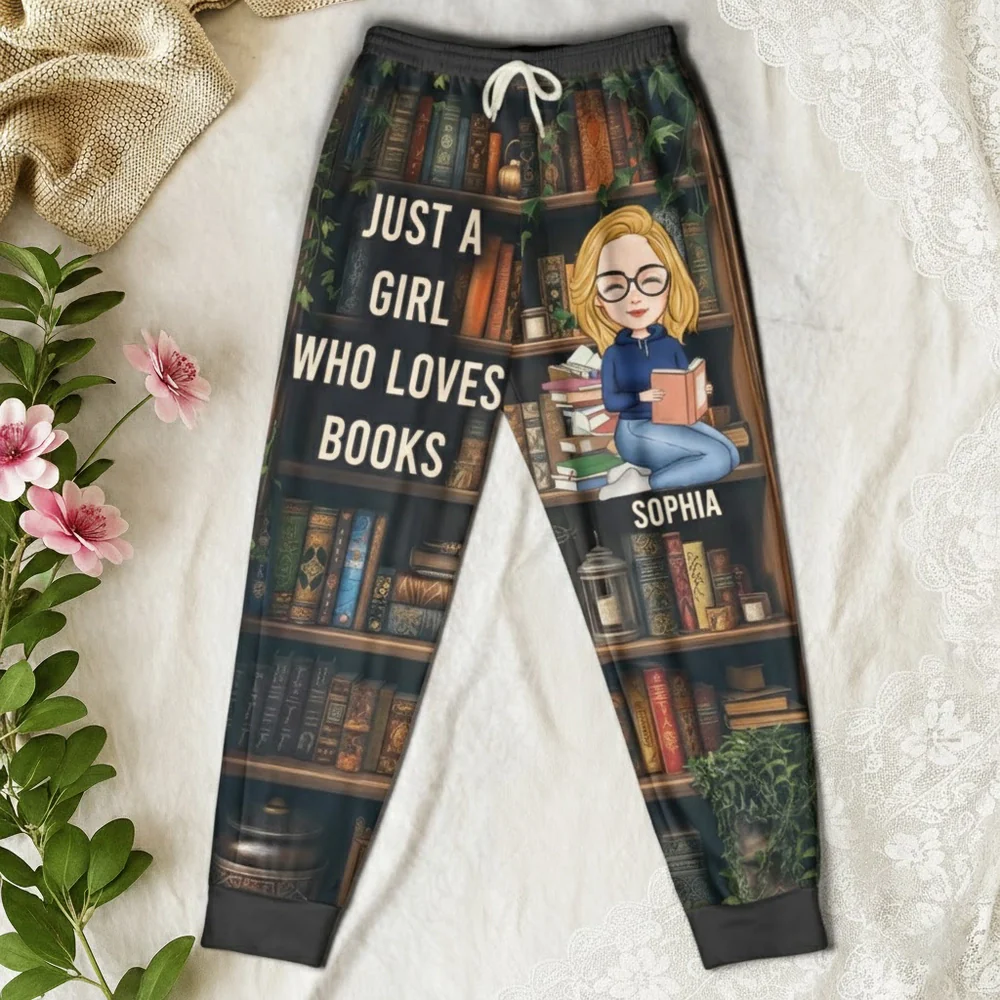 Book Lover Women's Sweatpants with cozy bookshelf art, optional personalization, perfect gift for readers at home or the library - Image 2