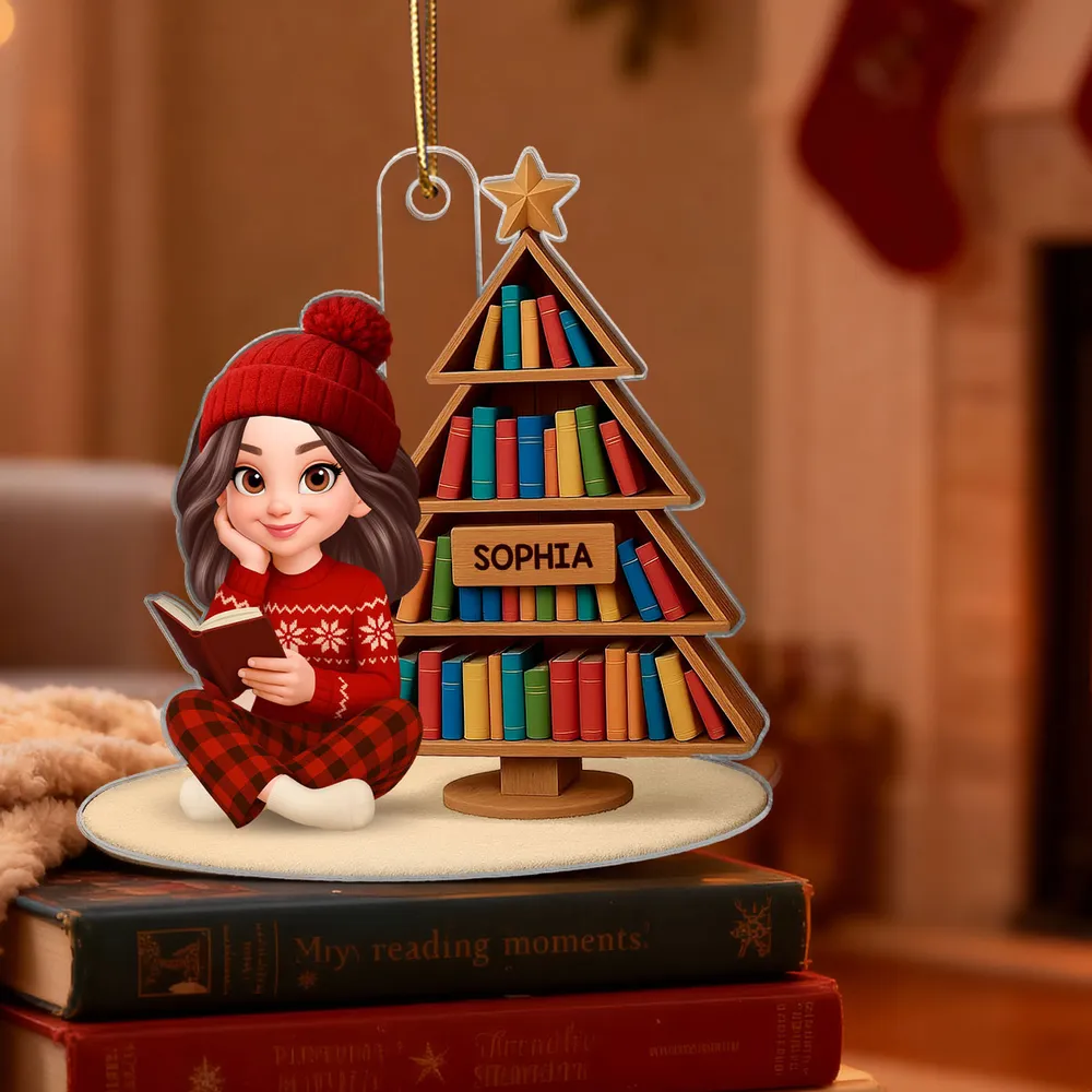 Book Lover Girl Acrylic Ornament – Cozy Holiday Gift for Readers, Festive Tree Decoration - Image 2
