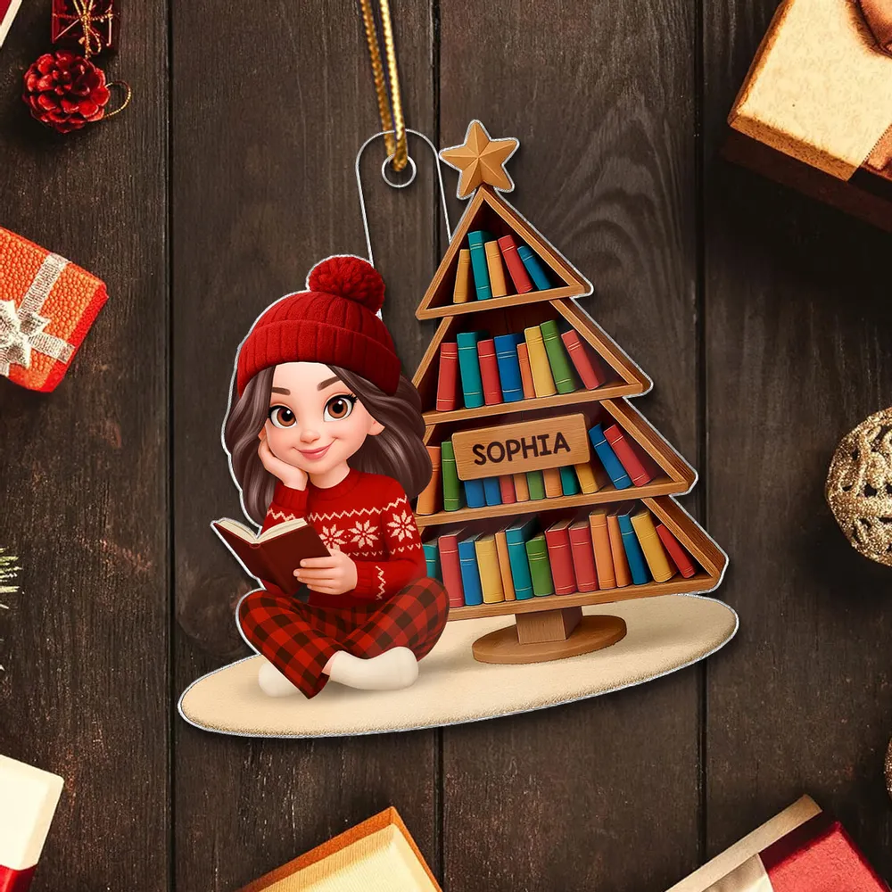 Book Lover Girl Acrylic Ornament – Cozy Holiday Gift for Readers, Festive Tree Decoration - Image 4