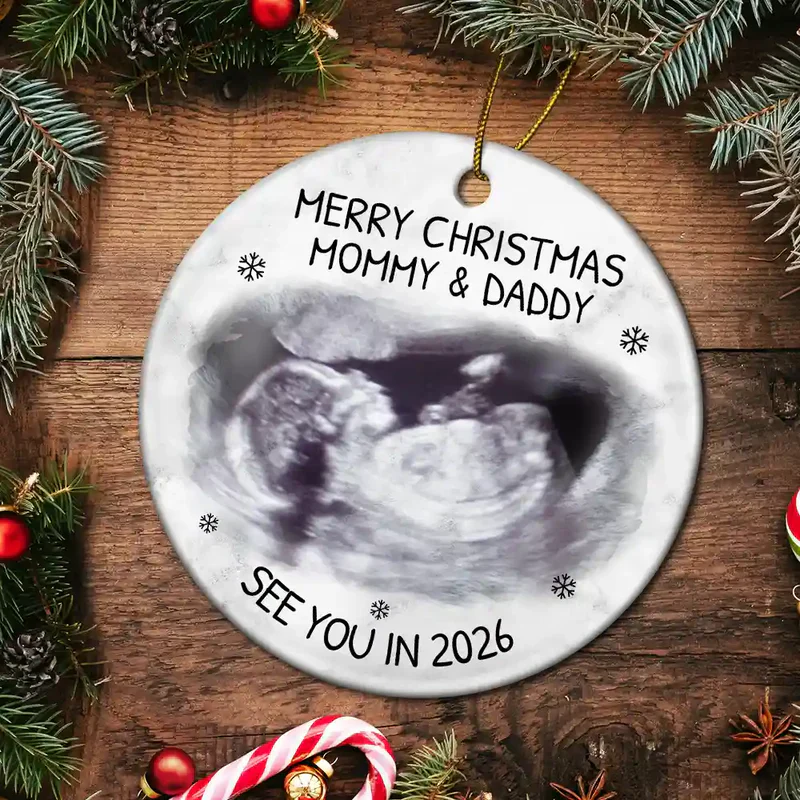 Christmas Ultrasound Ceramic Ornament for Mom and Dad, baby announcement keepsake for the tree, a heartfelt holiday gift. - Image 5