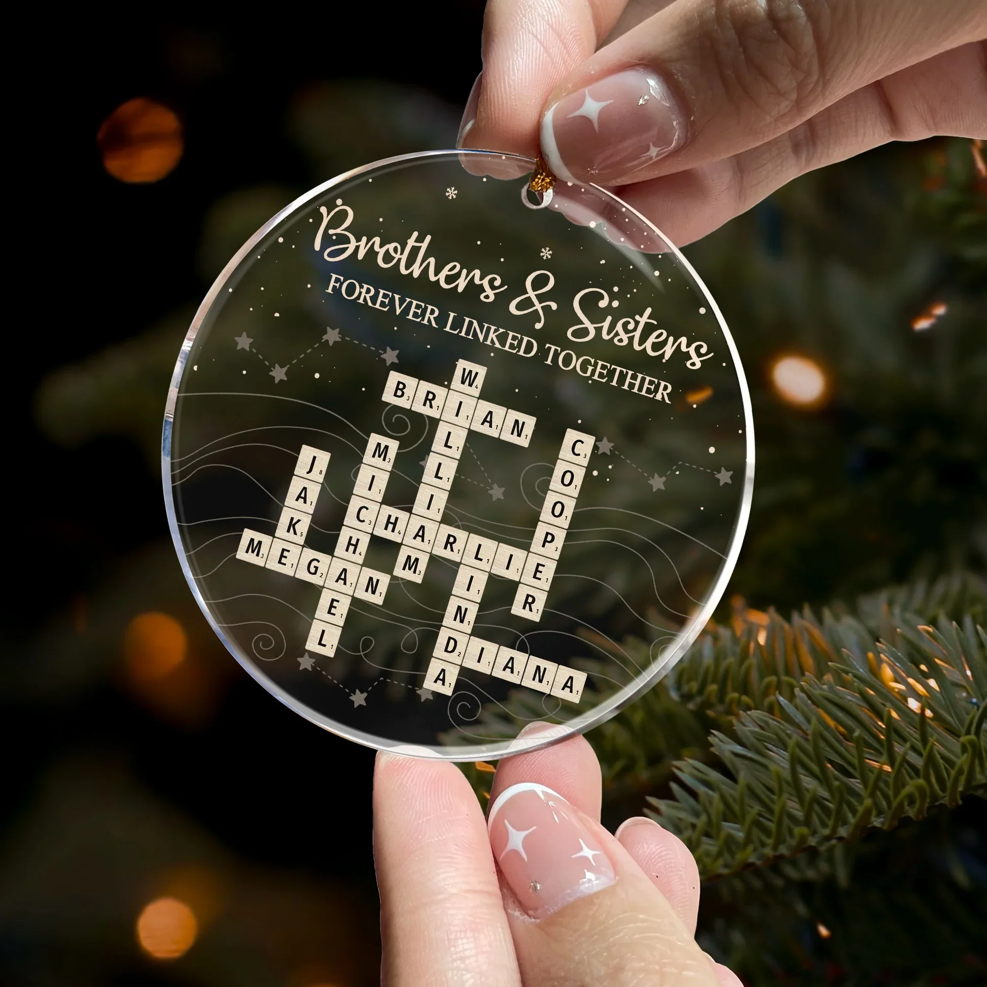Family Bond Acrylic Ornament with Scrabble Puzzle Design — A Meaningful Christmas Gift for Siblings - Image 2