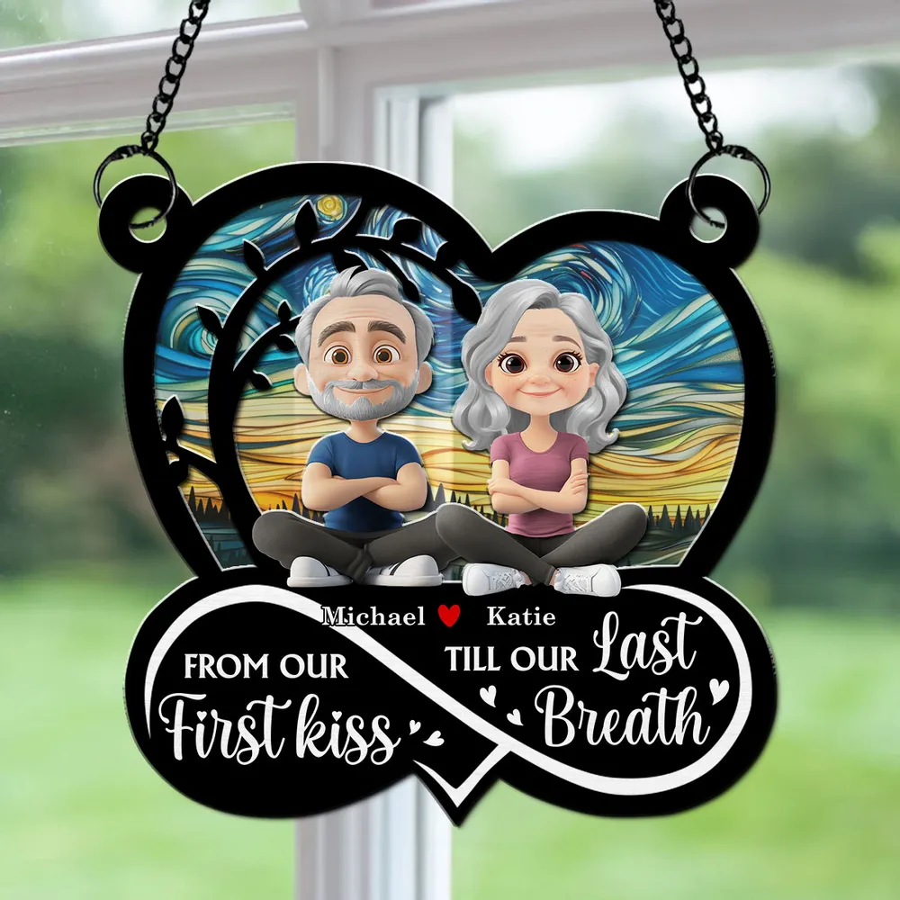 Personalized "First Kiss Till Last Breath" Couple Silhouette Heart Ornament | Custom Wood Acrylic Anniversary Gift - Image 2