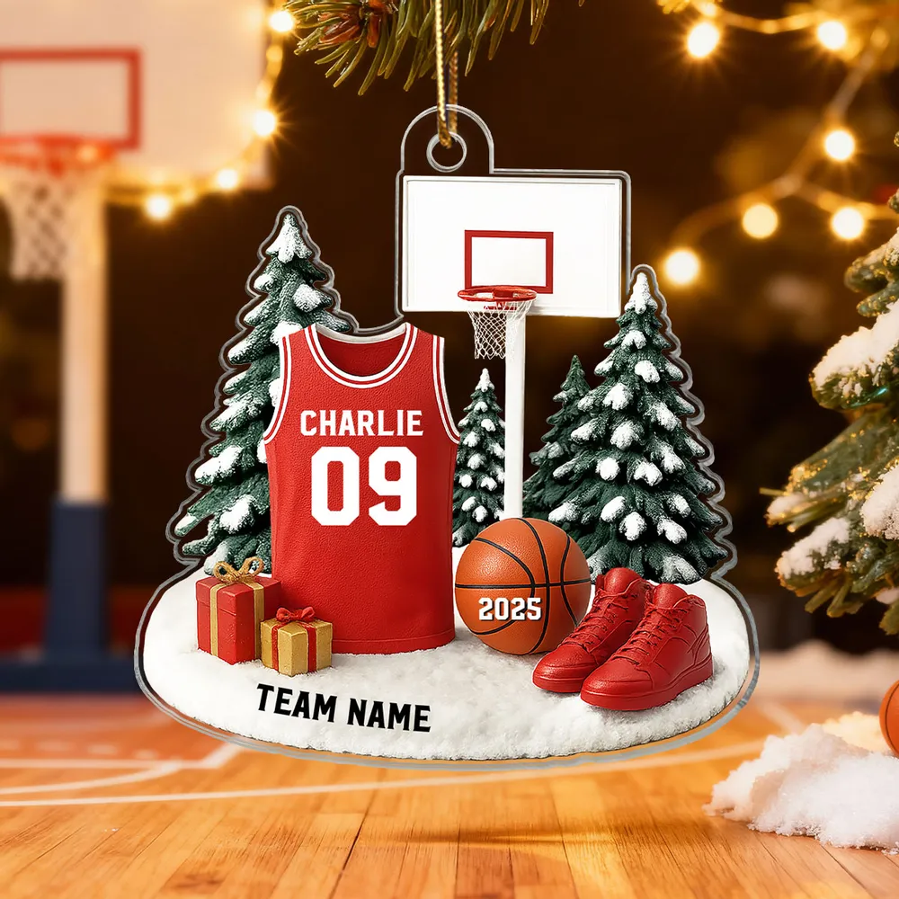 Basketball Acrylic Ornament for Christmas Tree, customizable details, snowy court scene, perfect gift for players, fans, and coaches - Image 3