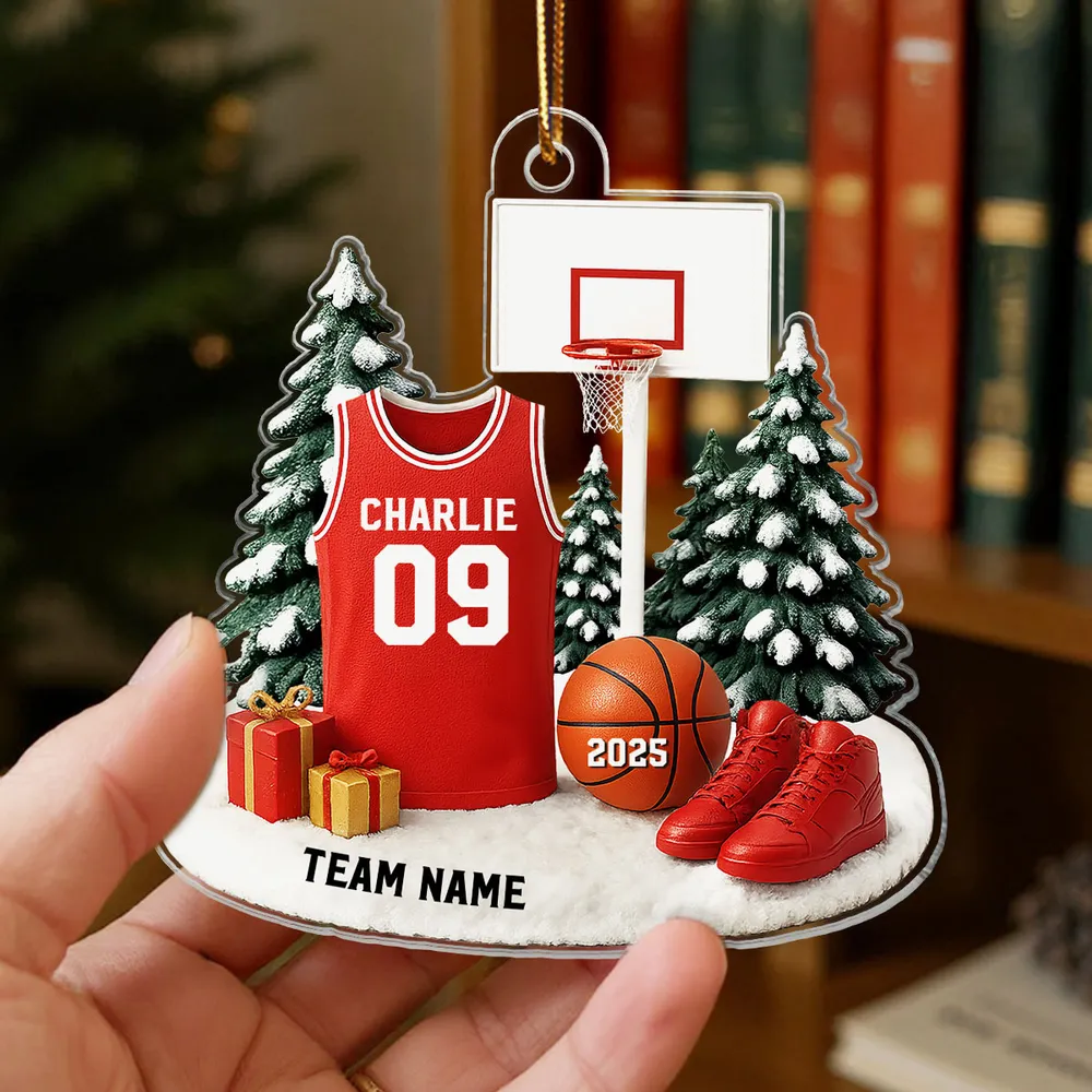 Basketball Acrylic Ornament for Christmas Tree, customizable details, snowy court scene, perfect gift for players, fans, and coaches - Image 6