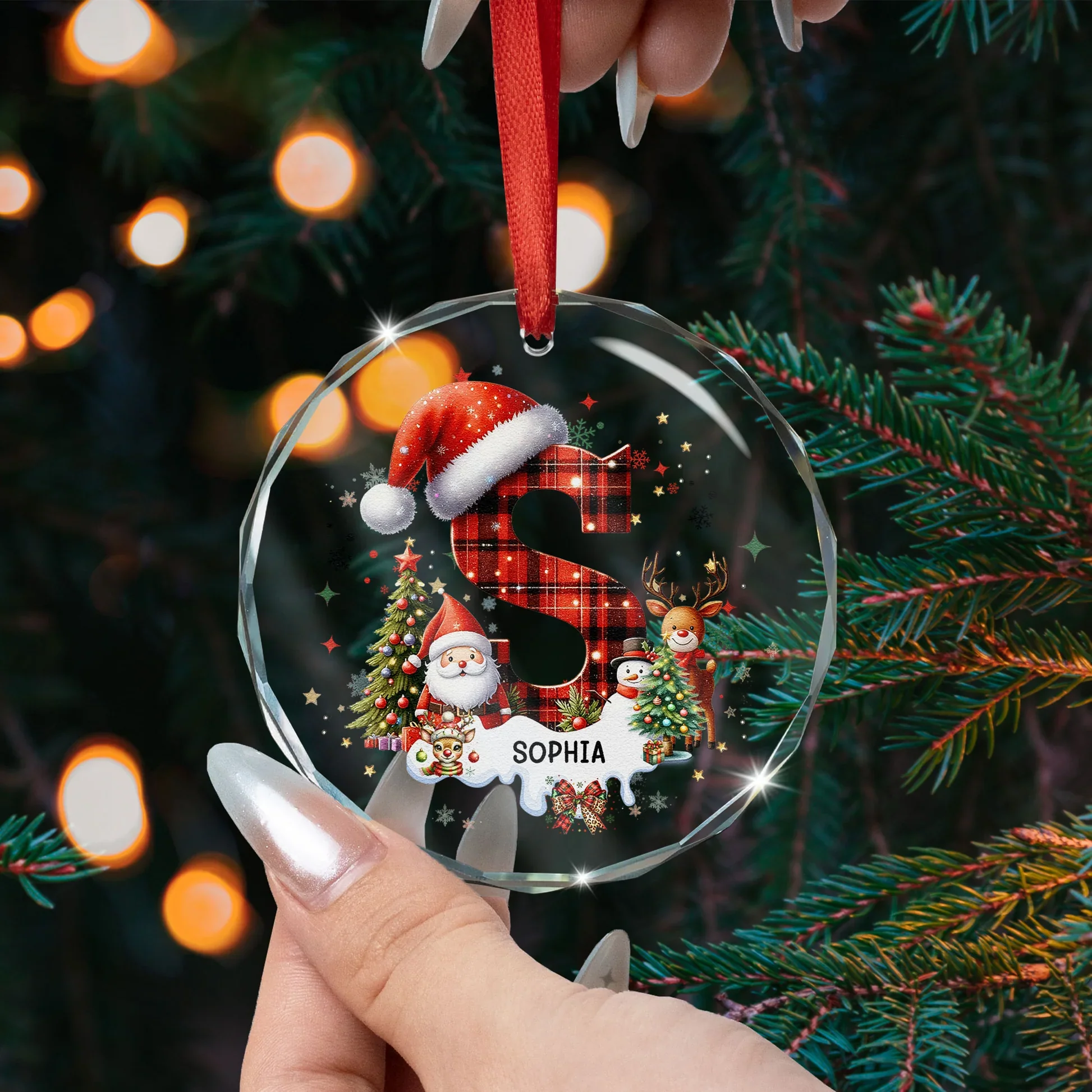 Acrylic Ornament - Personalized Plaid Initial with Santa & Snowflakes for Christmas Tree, Festive Sparkle, Unique Gift for Kids & Family - Image 2