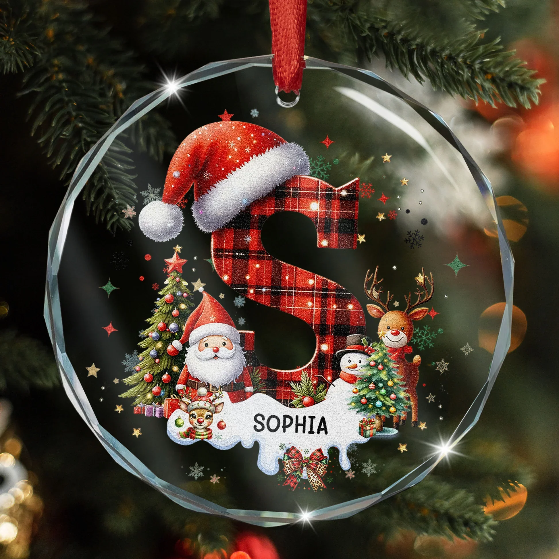 Acrylic Ornament - Personalized Plaid Initial with Santa & Snowflakes for Christmas Tree, Festive Sparkle, Unique Gift for Kids & Family - Image 3