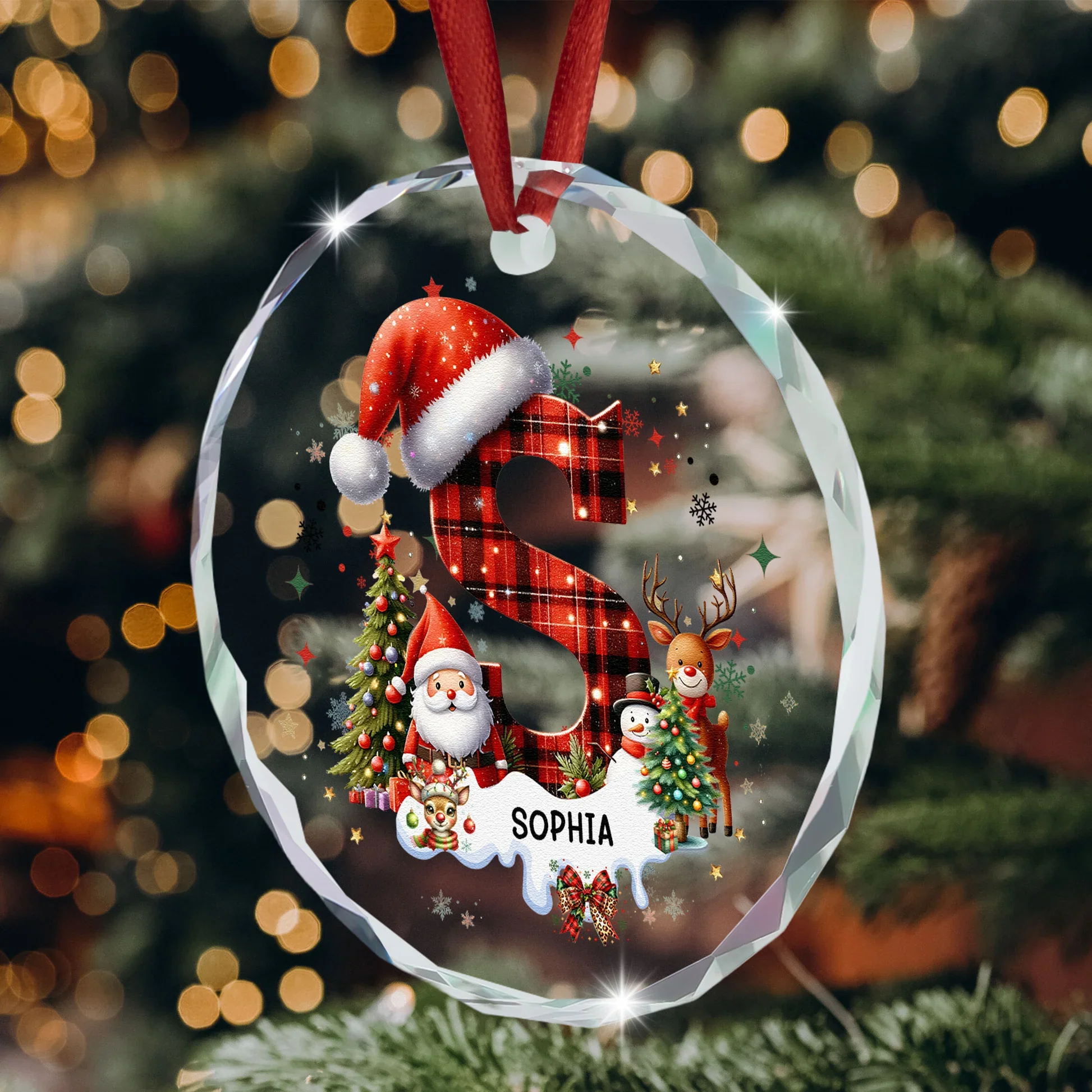 Acrylic Ornament - Personalized Plaid Initial with Santa & Snowflakes for Christmas Tree, Festive Sparkle, Unique Gift for Kids & Family - Image 5
