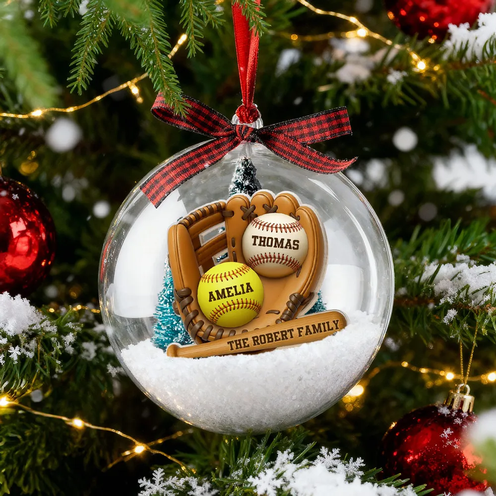 Snow Globe Ornament with Baseball Glove & Softball, Custom Family Keepsake for the Tree, Unique Holiday Gift for Sports Fans - Image 3
