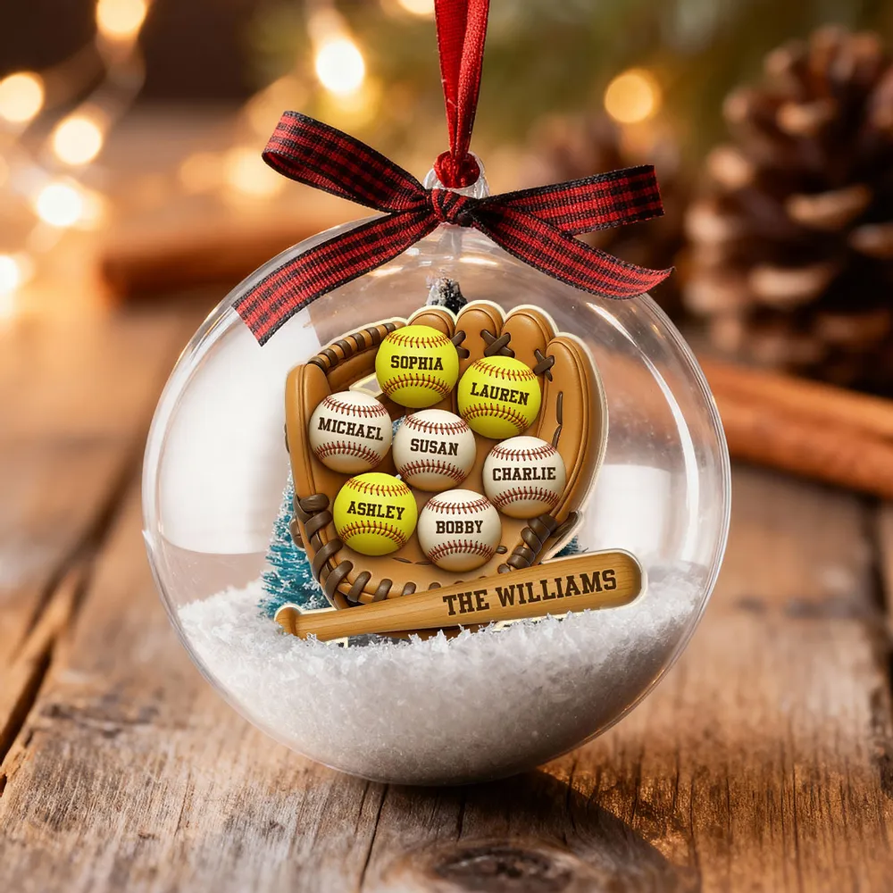 Snow Globe Ornament with Baseball Glove & Softball, Custom Family Keepsake for the Tree, Unique Holiday Gift for Sports Fans - Image 6