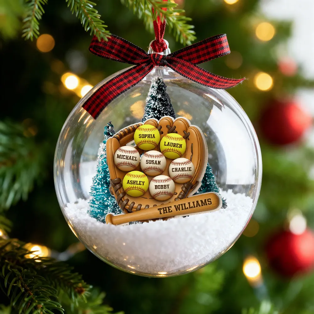 Snow Globe Ornament with Baseball Glove & Softball, Custom Family Keepsake for the Tree, Unique Holiday Gift for Sports Fans - Image 8