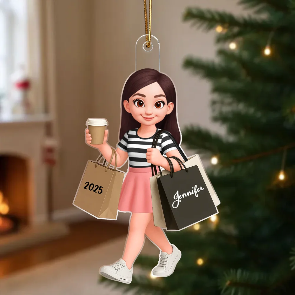 Ornament - Personalized Cute Shopper with Coffee, Cartoon, Easy to Hang, Unique Gift for Best Friend or Daughter