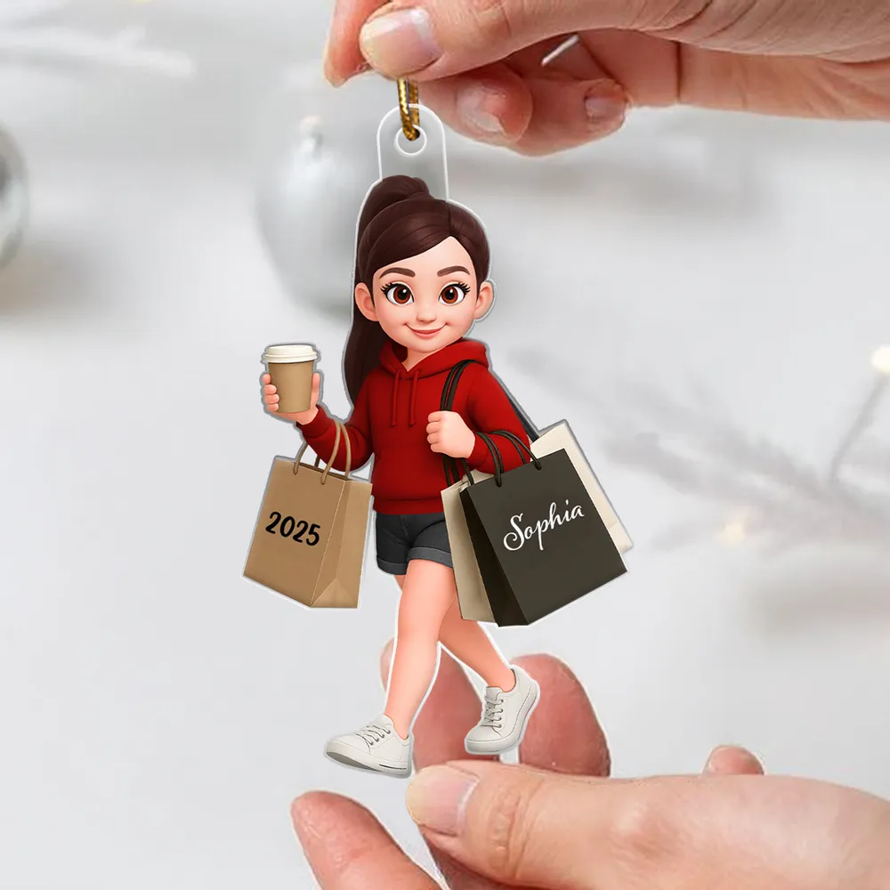 Ornament - Personalized Cute Shopper with Coffee, Cartoon, Easy to Hang, Unique Gift for Best Friend or Daughter - Image 3