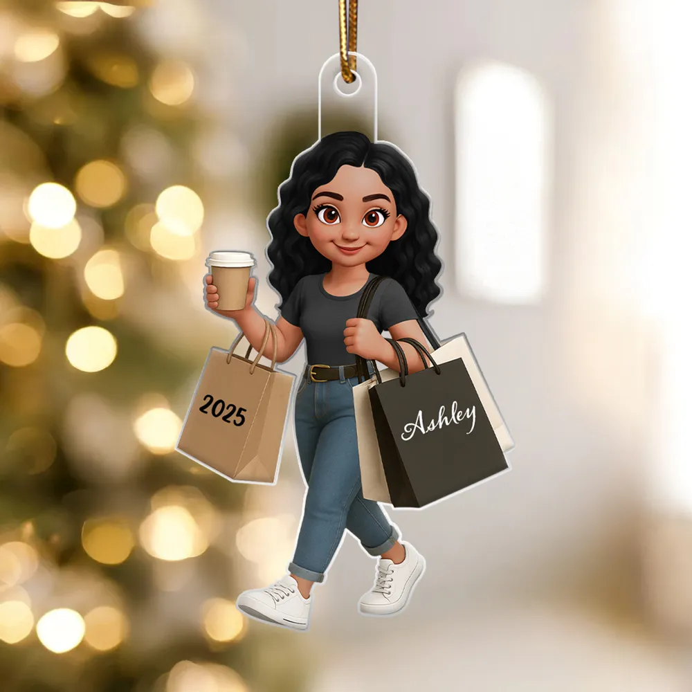 Ornament - Personalized Cute Shopper with Coffee, Cartoon, Easy to Hang, Unique Gift for Best Friend or Daughter - Image 4
