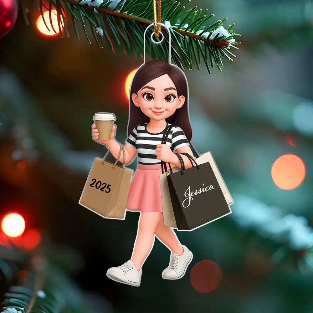 Ornament - Personalized Cute Shopper with Coffee, Cartoon, Easy to Hang, Unique Gift for Best Friend or Daughter - Image 7