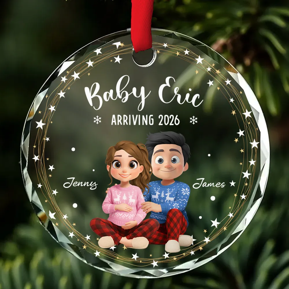 Crystal Ornament for Baby Announcement with cute couple illustration, heartwarming keepsake and perfect family gift - Image 2