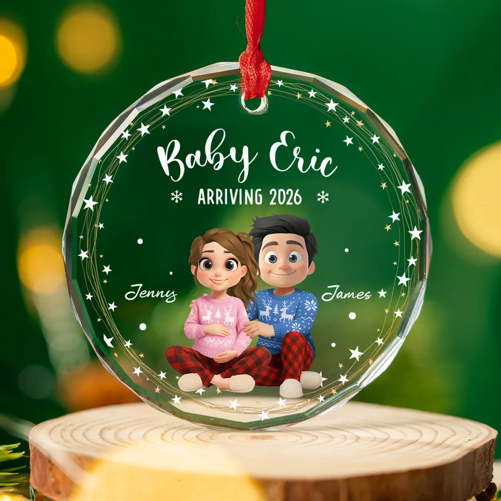 Crystal Ornament for Baby Announcement with cute couple illustration, heartwarming keepsake and perfect family gift - Image 3