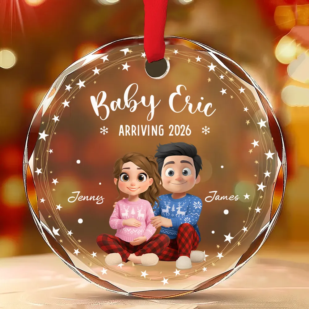 Crystal Ornament for Baby Announcement with cute couple illustration, heartwarming keepsake and perfect family gift - Image 5