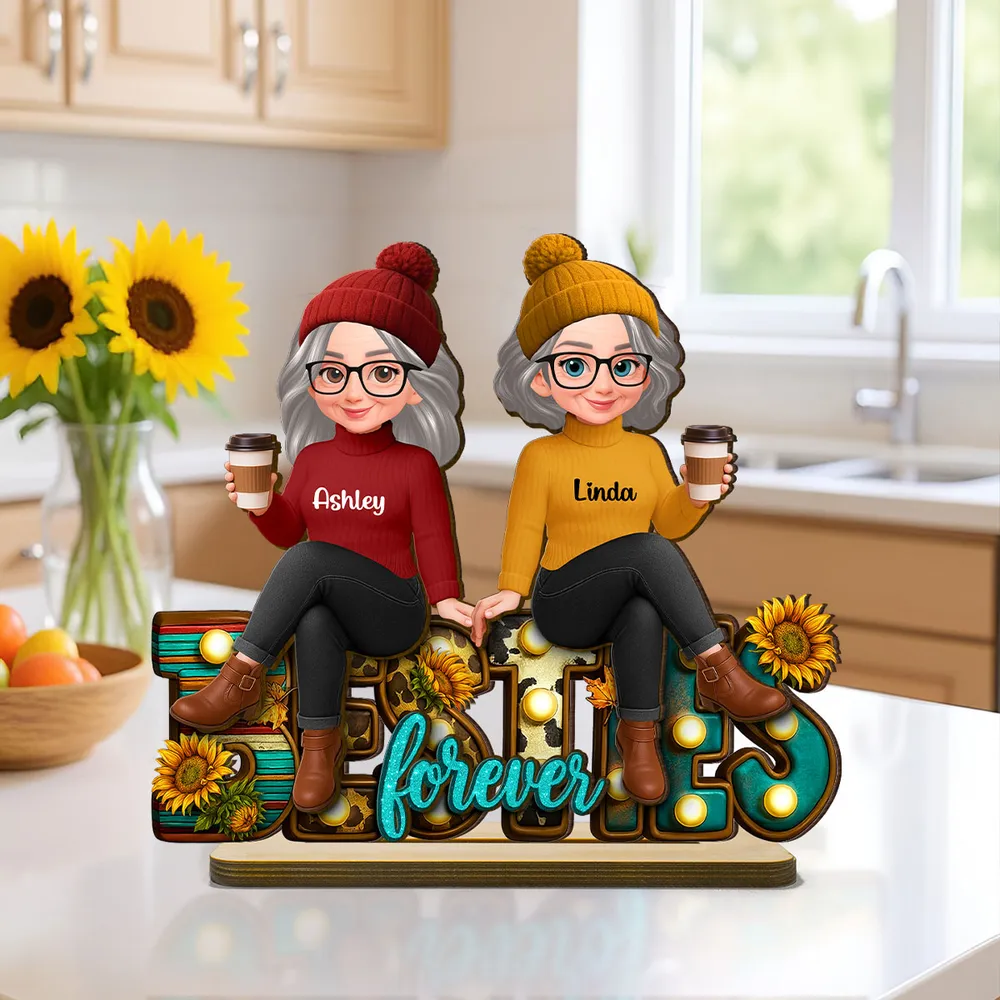 Wooden Plaque Besties Forever Sunflower Letters, Sitting Best Friends with Coffee, Cozy Fall Vibes, Unique Friend Gift