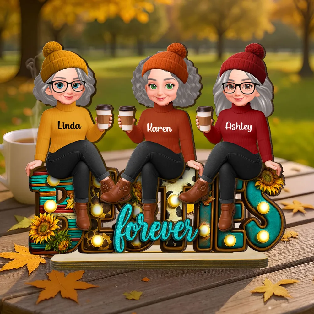 Wooden Plaque Besties Forever Sunflower Letters, Sitting Best Friends with Coffee, Cozy Fall Vibes, Unique Friend Gift - Image 6