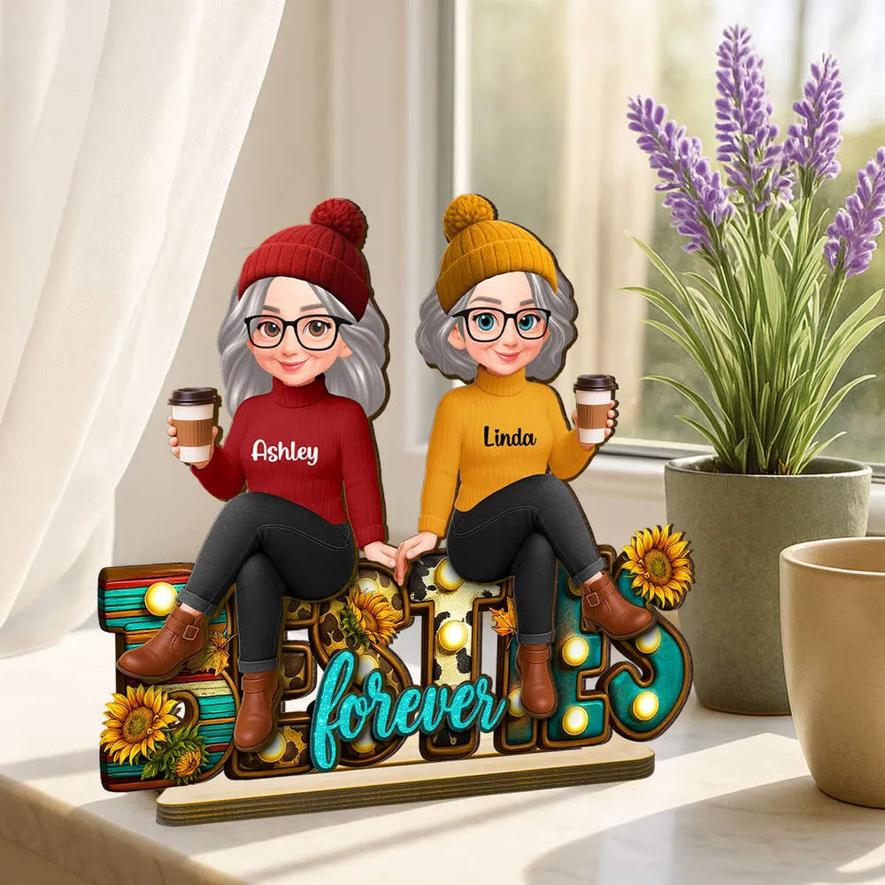 Wooden Plaque Besties Forever Sunflower Letters, Sitting Best Friends with Coffee, Cozy Fall Vibes, Unique Friend Gift - Image 7