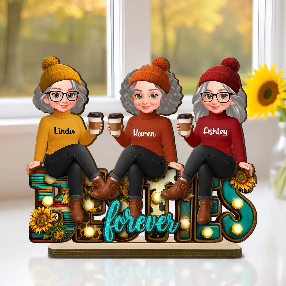 Wooden Plaque Besties Forever Sunflower Letters, Sitting Best Friends with Coffee, Cozy Fall Vibes, Unique Friend Gift - Image 8